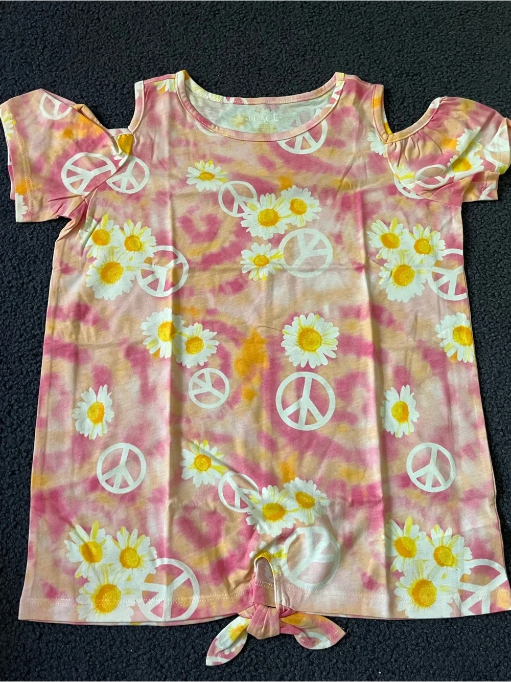 Place Pink, Yellow & White Tie-Dye Daisy Cold-Shoulder Top